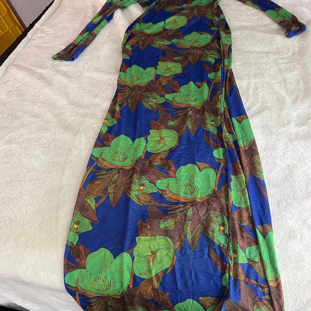 Fashion Nova Green and Blue Long Sleeve Gown